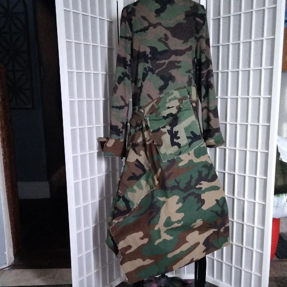 Upcycle / Refurbished Camouflage Asymmetrical Long Sleeve Maxi Dress - Picture 10 of 16